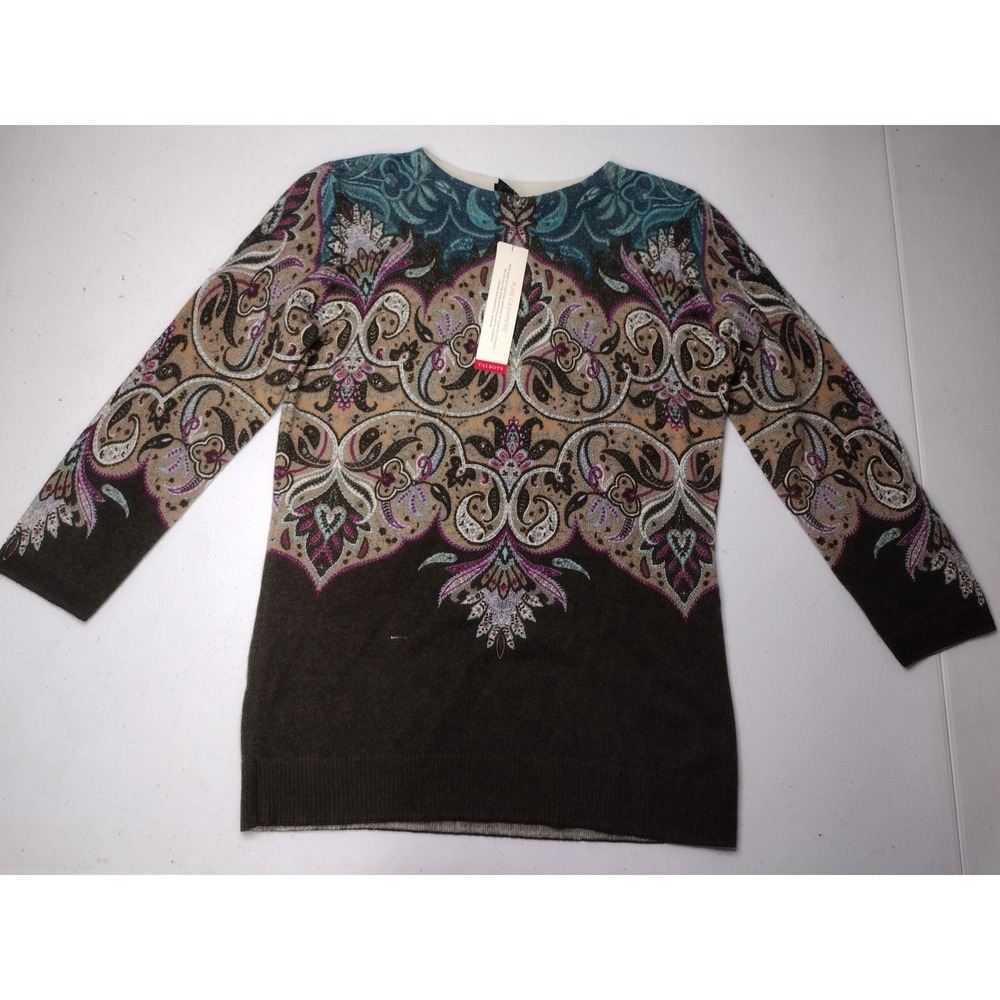 Talbots Pure Cashmere Paisley Sweater Brown‎ Teal XS NWT 3/4 Sleeve Pullover